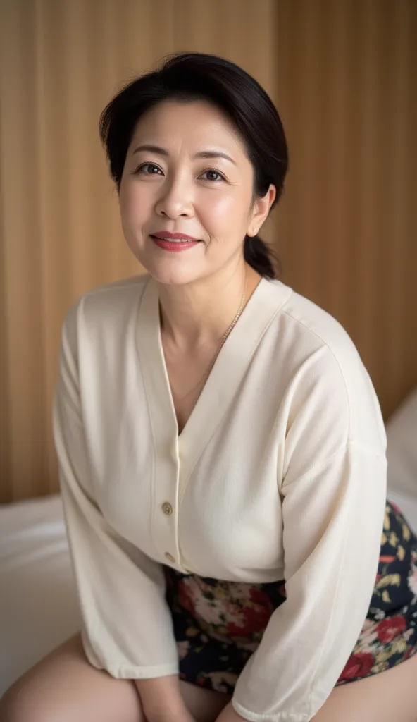   mature woman、  Japanese、48 years old (Mature Beauty: 1.5)、 kind, Enchanting Smiles 、( nasolabial folds :1.4)、  Natural Aging  、Warm Eyes 、  soft  , Natural wrinkles 、  clean skin (1.4)、  very detailed (1.4)、 Unmatched Beauty live venue with bedroom in th...