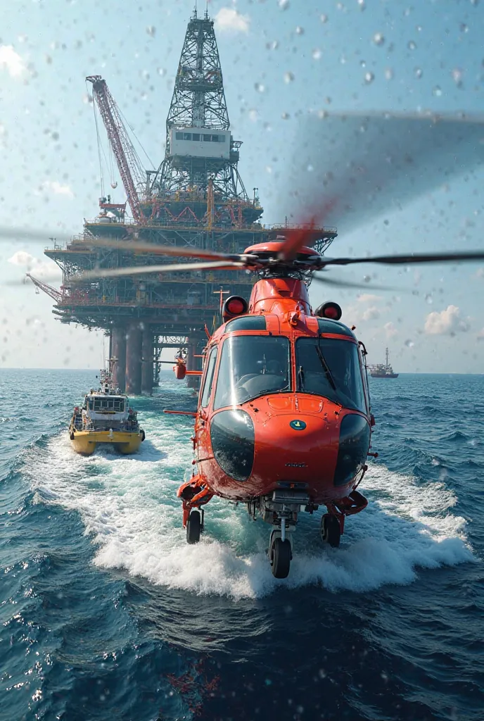 Creat helicopter agusta Westland AW189 approaching oil ring for make a landing to send oil rig workers in the middle of south china sea, with supply bot behind the rig