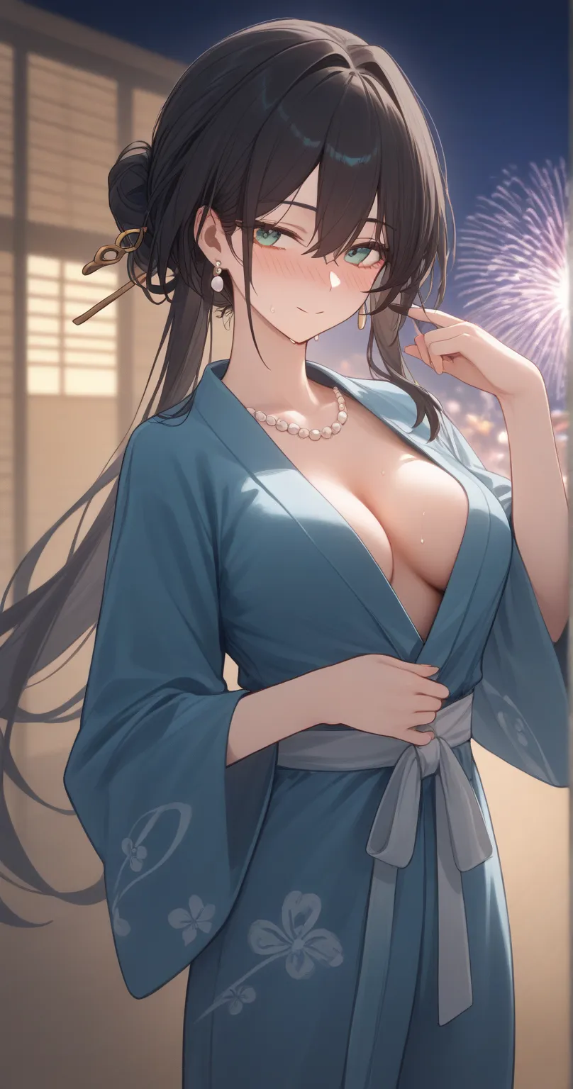 solo, pearl earrings, hairpin, ruan mei, black hair, aqua eyes, long hair, hair bun, single hair bun,sidelocks, streaked hair, hair between eyes,(bangs),jewelry,(looking at viewer),(yukata)
BREAK
1 girl, medium breasts, slender body,slim waist ,(oblong fac...