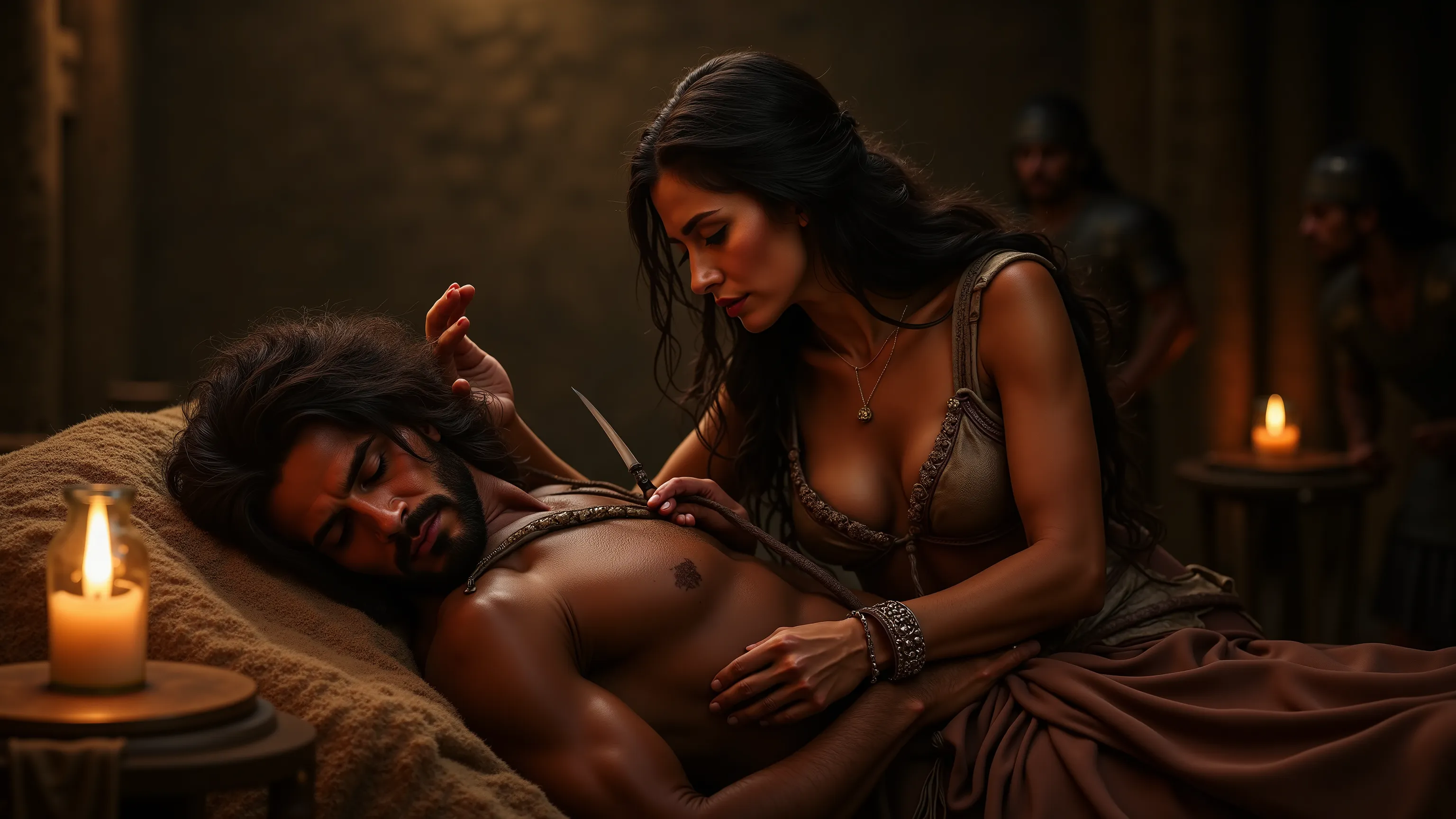 A dramatic, hyper-realistic scene of Samson and Delilah in a dimly lit ancient chamber. Samson, a muscular warrior with long, thick locks, is asleep with his head resting on Delilah’s lap. His expression is peaceful, unaware of the imminent betrayal. Delil...