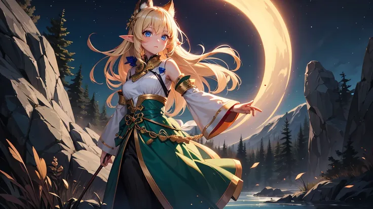 1 girl、full body、Elf、 straight blonde hair 、blue eyes、eye shape with a thin, sharp cut at the outer corner of the eye、I can see my chest when I'm wearing transparent green clothes、expression staring at something、wilderness、a girl catches a bow on a large r...