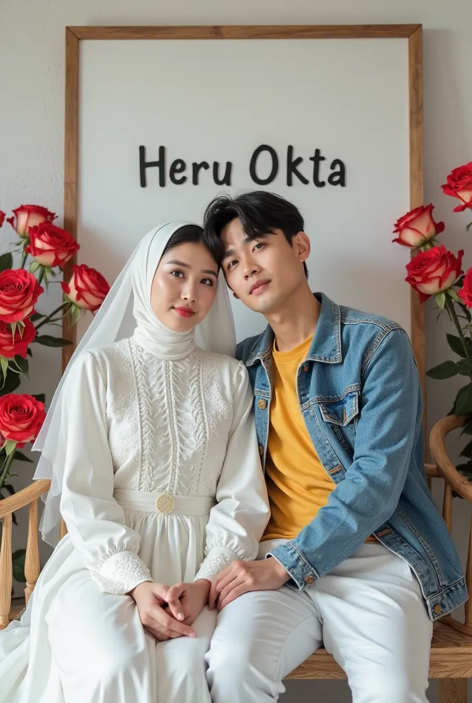 Korean couple wearing abaya bordir white 
and yelow t shirt, jeans jackets, are sitting while posing, Behind it is a board bearing the name " Heru Okta". White background has red rose flowers Photography Image quality is clear and clean