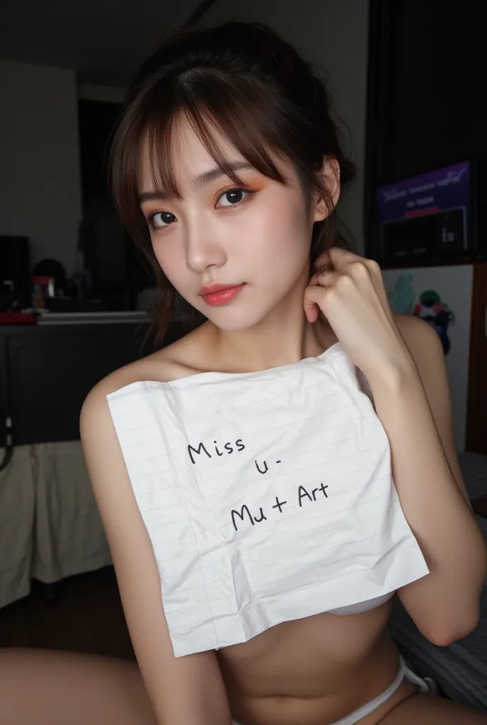  amateur photo, low-lit, overexposure, Low-resolution photo, shot on a mobile phone, nighttime, noticeable noise in dark areas. young Thai woman, late s to early 20s, fair skin, wavy brown hair pulled back, side-swept bangs covering part of the forehead, d...