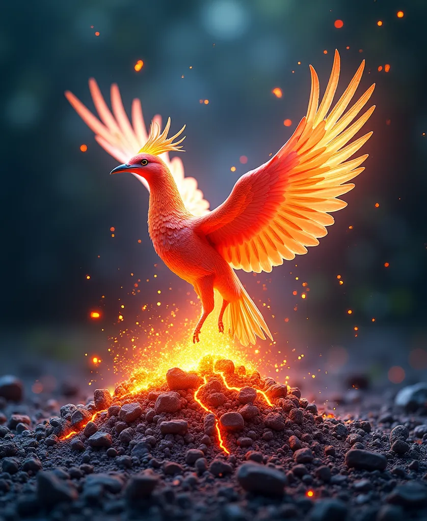 A phoenix rising scene, where on the ground lies a pile of ash. This ash is gray and lifeless, with remnants of dry, brittle pages and static screens scattered within it, symbolizing outdated and unengaging material. From these ashes, a vibrant phoenix eme...