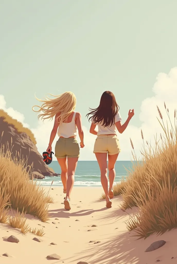  minimalistic , modern design in Scandinavian style. litter, digital 2D illustration with warm earth tones (Beige, braun, Terracotta, creme). The two girlfriends run along a wild, natural coast, where dunes with tall seagrass grow. The wind blows through h...