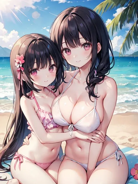  Best picture quality，Soft Sunlight，two lovely and beautiful sisters，Sweet smile，Sit side by side on the beach，long black hair，are wearing pink and white bikinis，Thin eyelashes 。My sister has huge breasts；Little sister has small breasts，Cleavage close-up