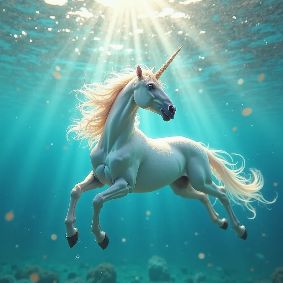 unicorn🦄、high quality,4K,realistic,Photo,professional,extreme detail,Vividly Colours,Bokeh,In the sea,aquamarine water,Reflection of sunlight, splashes ,Graceful Movement,happy expression,Full of love