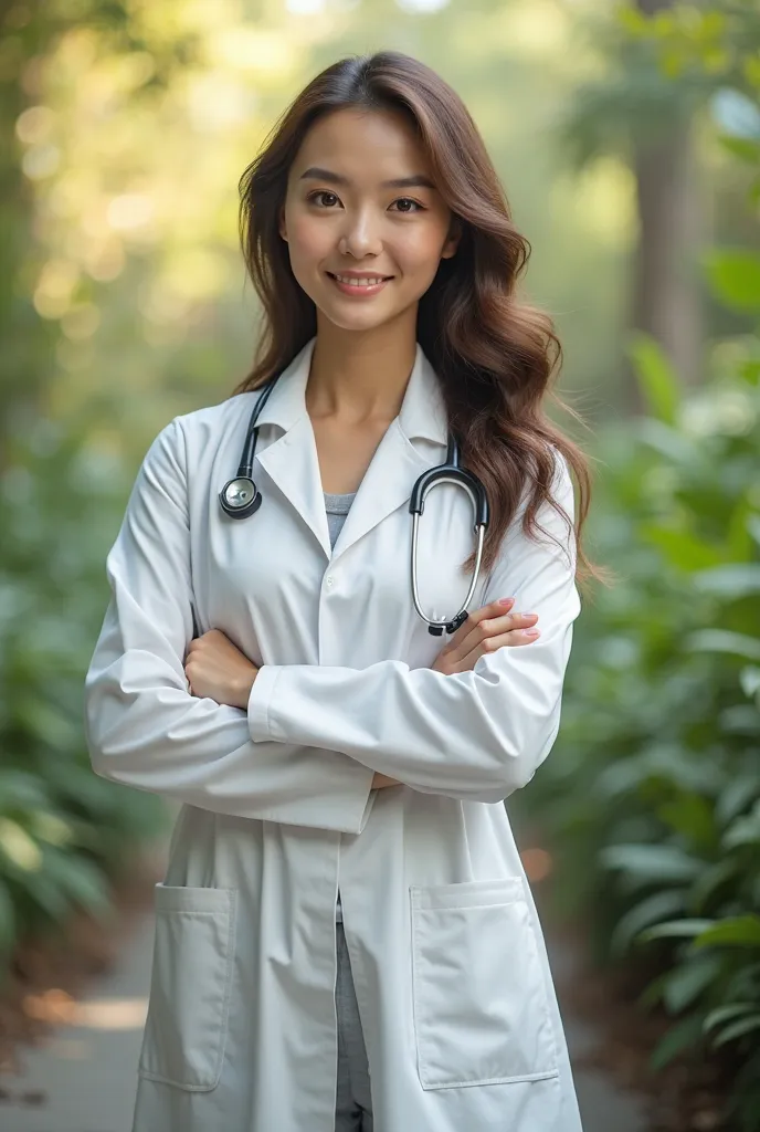 Female doctor standing explained/background green