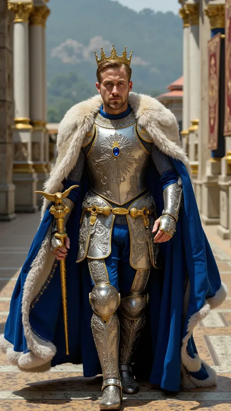 Ryan Gosling reimagined as a Medieval King walking and holding a golden scepter､dramatic atmosphere, 1 male､ 

Short, neatly styled golden-blonde hair, piercing blue eyes, and strong. A regal golden crown, adorned with sapphires and white diamonds, rests u...