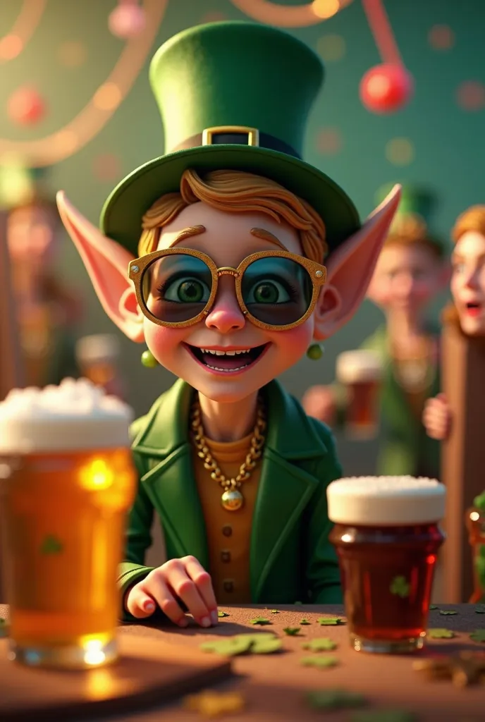 an adult elf wearing sunglasses, Fun party and Saint Patrick's Day with green hat, Trebles , beers and cocktails 3d