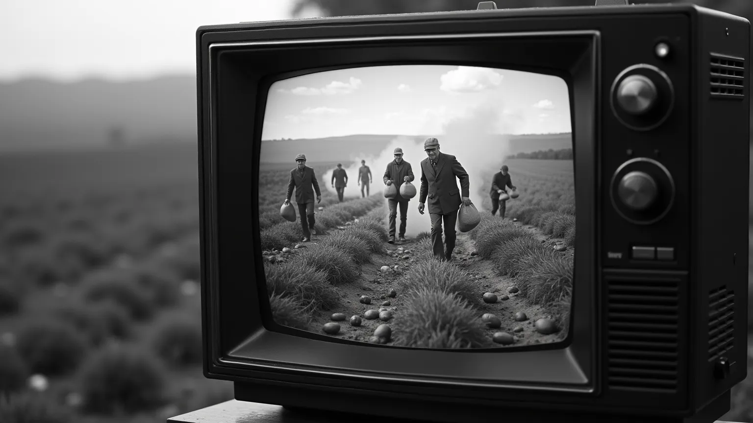 👉 A black and white television showing a program where farmers work in the fields, competing in the potato harvest. A state television studio broadcasts the event with serious commentators.

