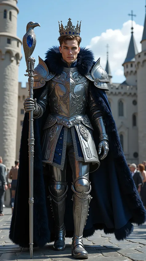 Cillian Murphy reimagined as a Medieval King walking and holding a silver scepter､dramatic atmosphere, 1 male､ 

Short, slicked-back dark brown hair, piercing ice-blue eyes. A tall, intricate silver crown adorned with sapphires and black diamonds rests upo...