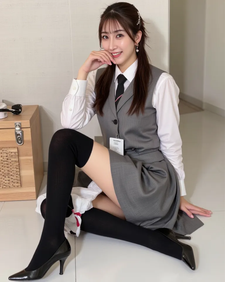 (    photorealism   :1.2)、 full body portrait 、Smelling black high      socks 。  beautiful日本人モデル、ponytails for beautiful people、39;  thick legs、  woman  、39;    I'm wearing an American high school uniform、I'm putting down my security card hanging from my n...