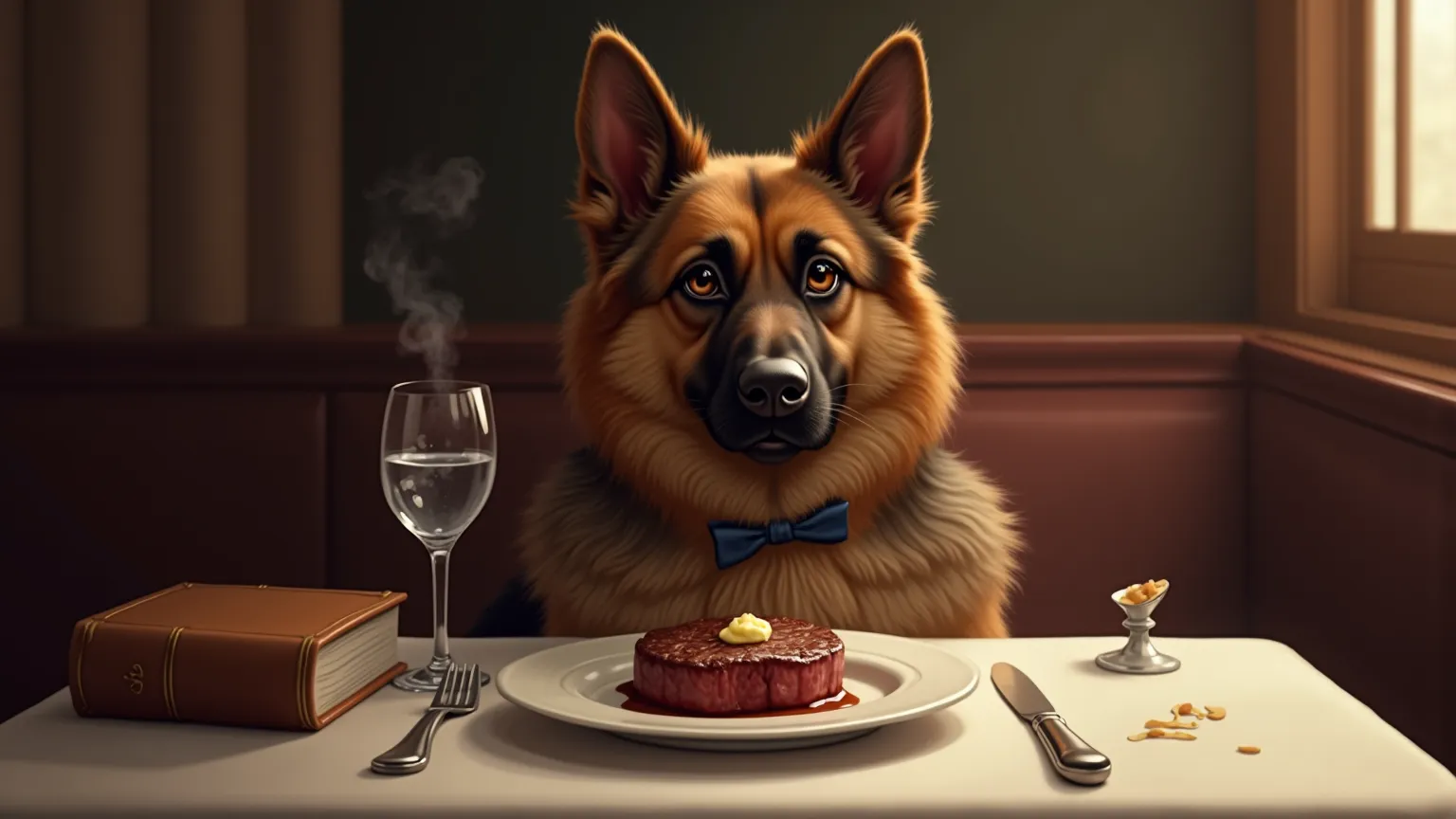 "A noble German Shepherd sits at a fine dining restaurant, wearing a tiny formal bowtie. Its deep brown eyes scan the elegantly bound book, looking both intelligent and mildly offended by the story. A perfectly cooked steak with garlic butter steams in fro...