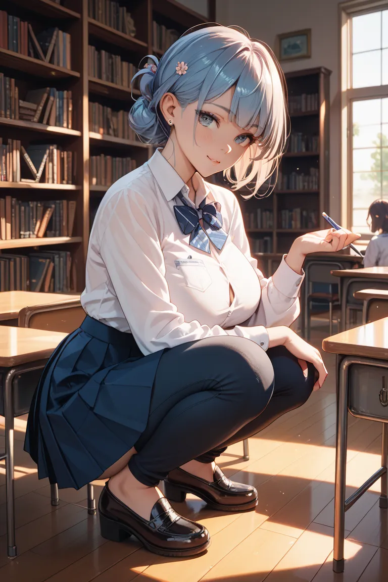 Library　Japanese　Women　high school student　Big Breasts　 clear　squatting　wearing a uniform　Show off your pants from your skirt