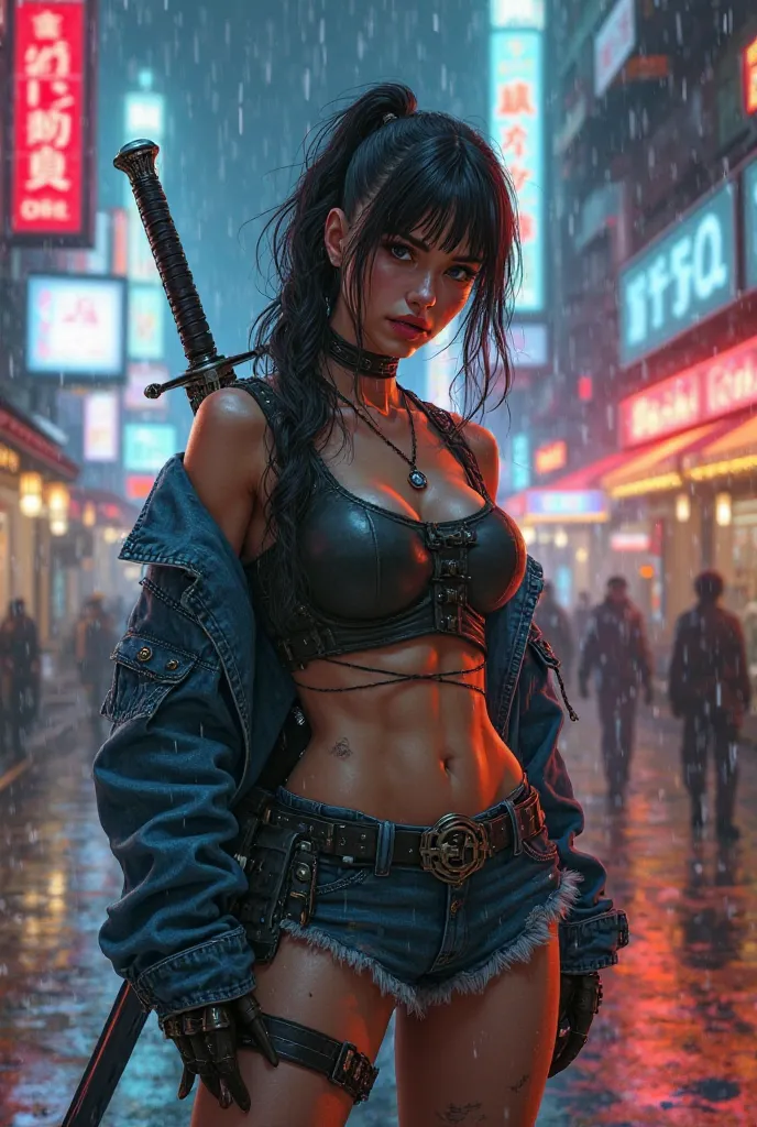 [A realistic cyberpunk woman big breast,  wearing a tank top and a mini skirt, with a denim jacket. She has a sword on her back and a long-barreled pistol holstered at her side. The scene is set in a vibrant, futuristic cityscape with neon lights, rain-soa...