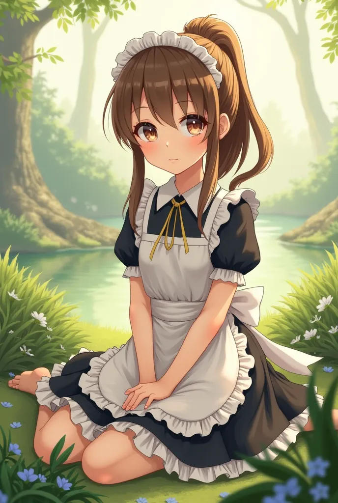 Young manga with brown hair, straight hair, ponytail, long hair, light brown eyes, wearing a maid dress, sitting in a natural view