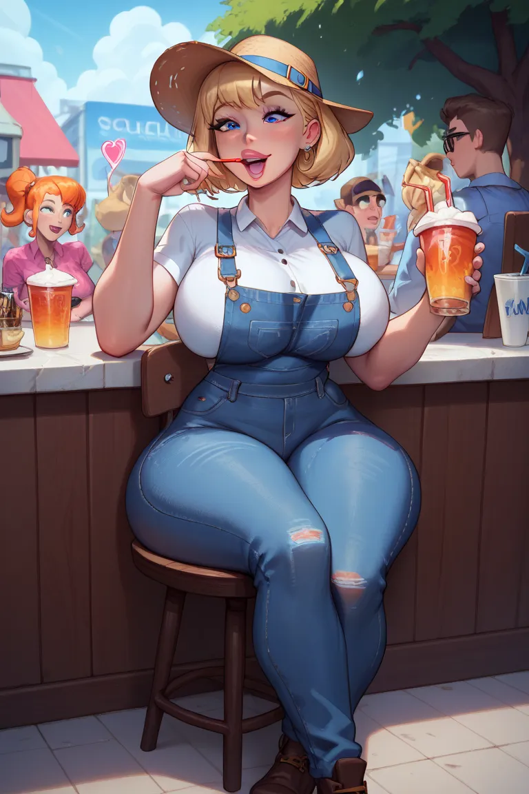 despicable me:1 . 3 ,. 1 , 1mlhuer:1 . 1 , blue denim overalls:1 . 1 , Lucy:1 . 1 , glad:1 . 5 , hair orange , huge breasts , thin thighs , Wide hips , thin belt , huge ass , thin legs , thin arms , public , sitting on the chair , open legs , holding a cup...