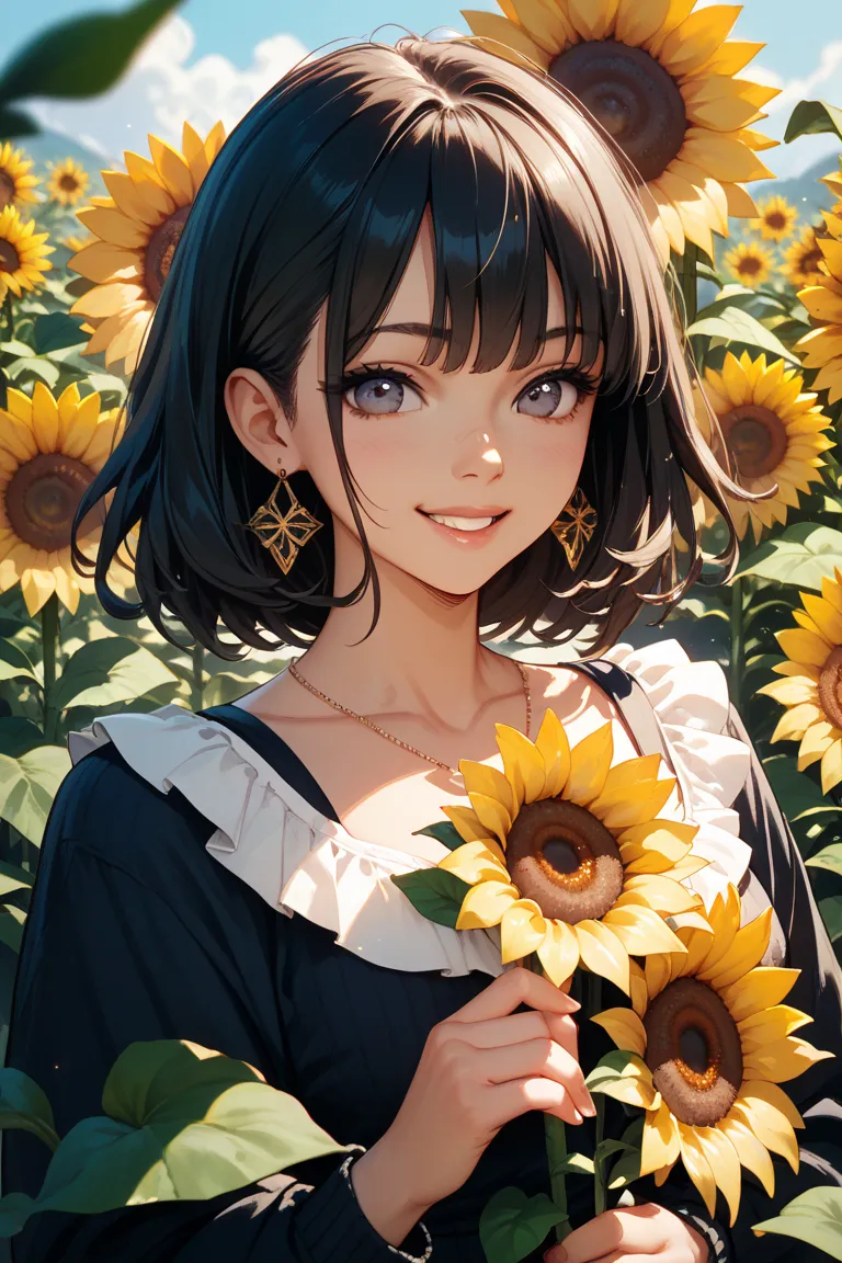  holding a sunflower, dark-haired bob smiling
 