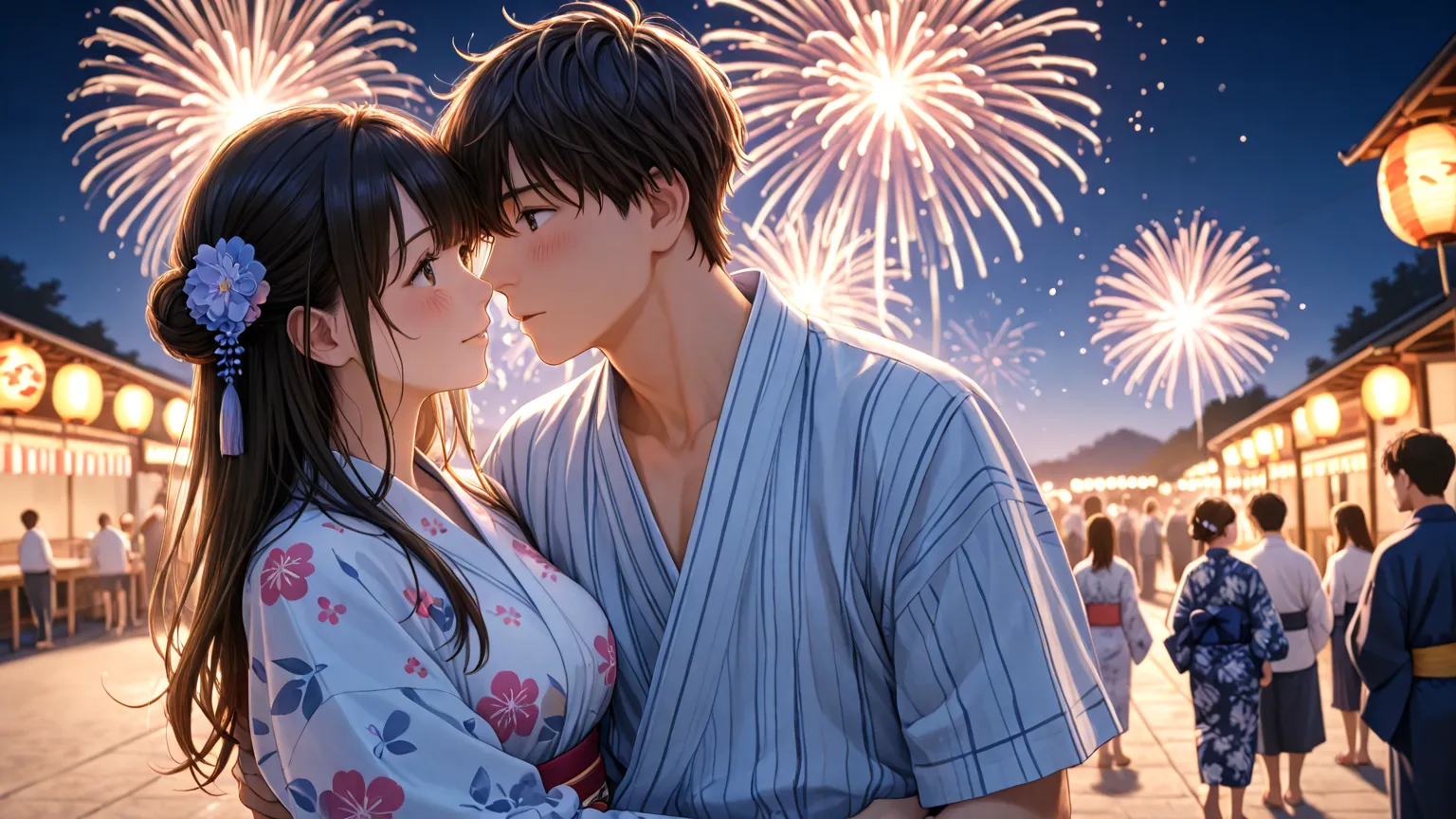 an 18-year-old boy and girl in high school watching the fireworks launch、Only 2 people are shown、The two are wearing yukata、 is hugging、the focus is on and details are also drawn