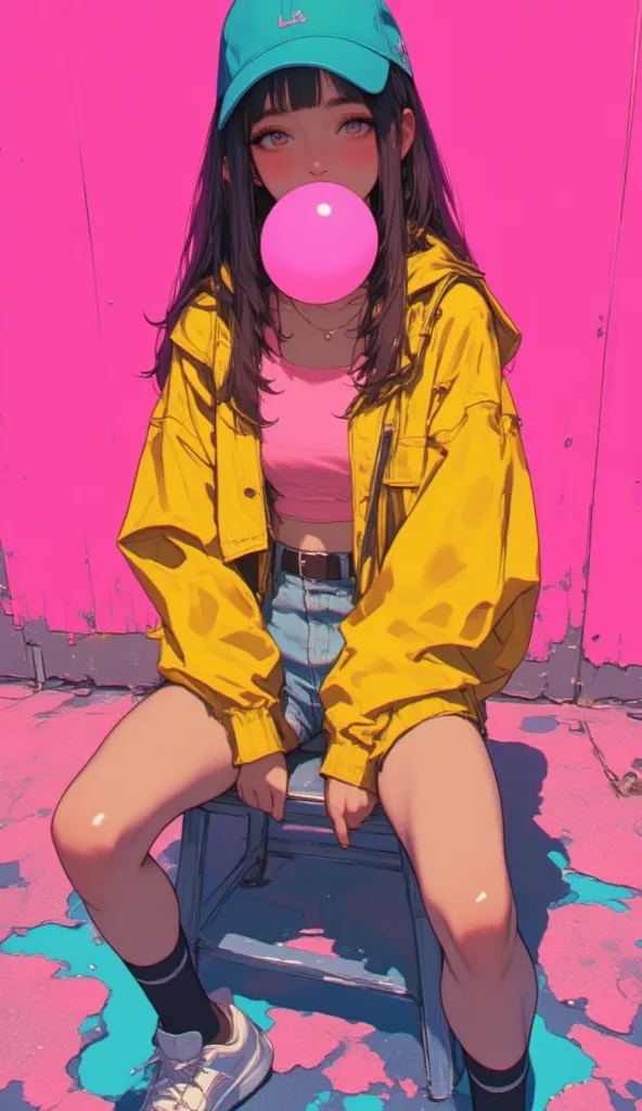 A young woman, likely in her late s or early twenties, with Asian features, sits on a stool. She has long, dark brown hair with a teal baseball cap. She's wearing a bright yellow, slightly oversized jacket, a light pink cropped top, and light blue denim sh...