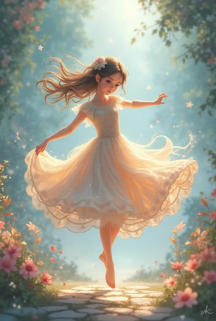 girl,dancing、 dress、high quality,4K,anime style,fantasy,Magical,fantasyの風景,Dreaming ,mysterious, magical,floating in the air, Sparkling,pastel color