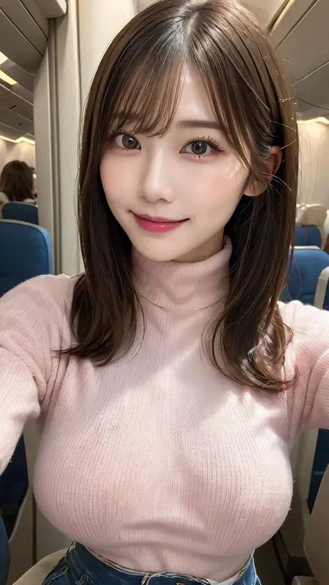 ((Airplane interior)): (((tight pink turtleneck knit and denim shorts))), top quality, shape, 非常にdetailsな, details, high resolution,  8k, PERFECT DYNAMIC COMPOSITION, beautiful details,  natural lips, Tight T-shirt, (((H cup breasts))), (((huge breasts tha...