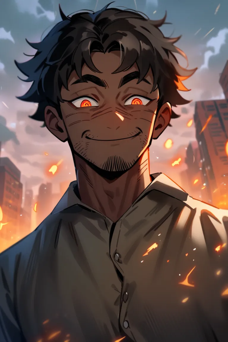 tan man with exploding buildings behind him. model has supernatural glowing orange eyes, looking down at viewer, smug, facial hair, black hair, sadistic, smile, button up shirt. sharp features, mature man, adult aged man, charming smile, handsome, smirk, y...