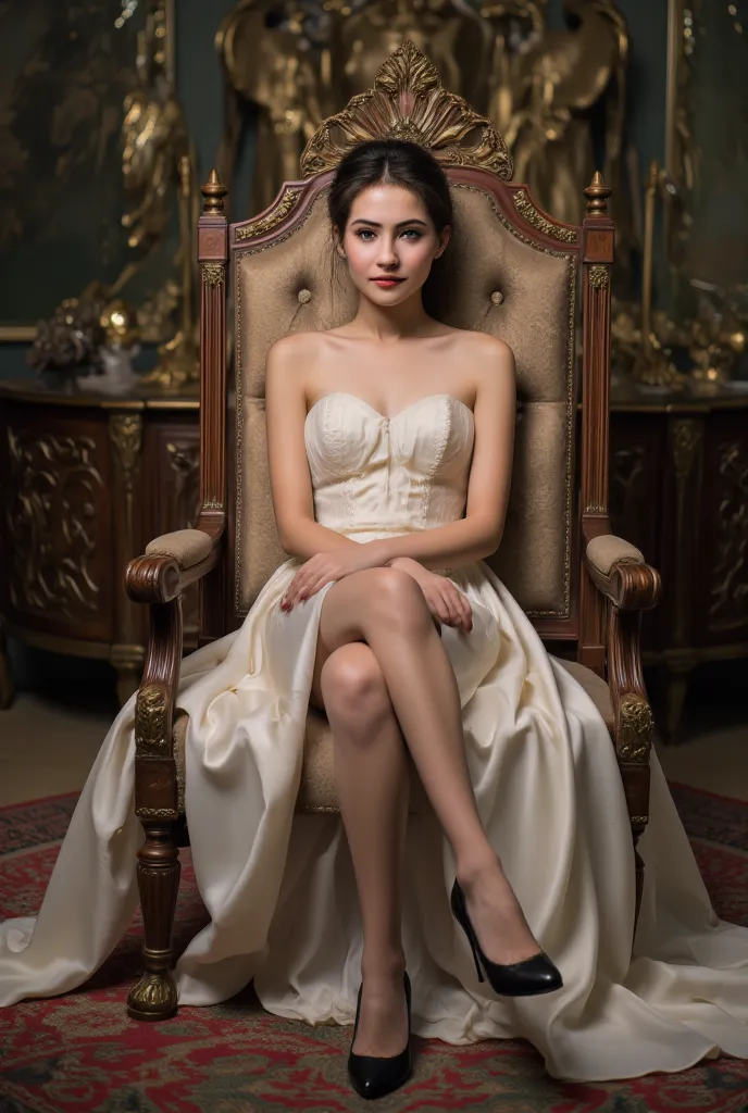 Young female student wearing white minidress and long legs, black high heels,  sitting on a throne ,  in a palace , detailed face, perfect face man 