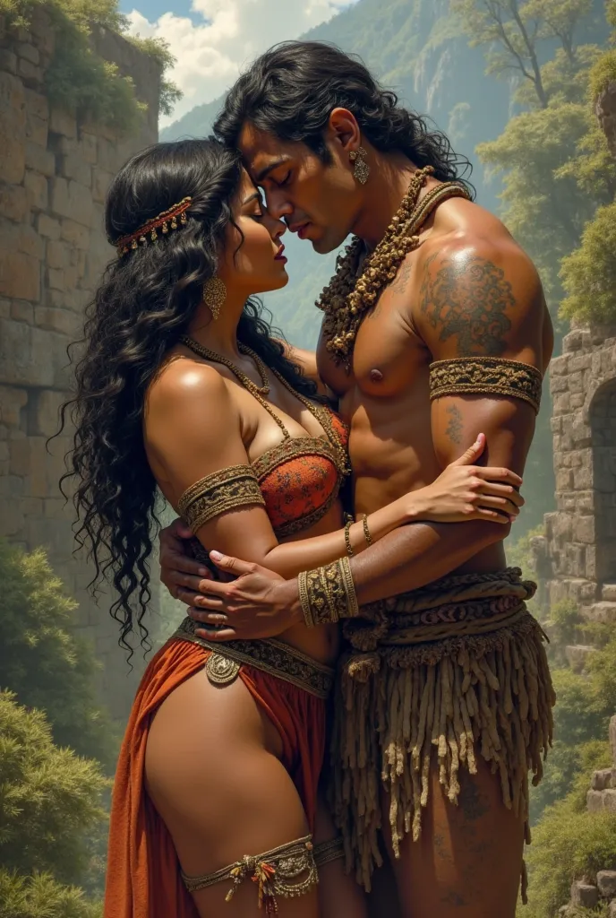 Inca woman having passionate sex with a bony Inca man who can see the penis inside the woman