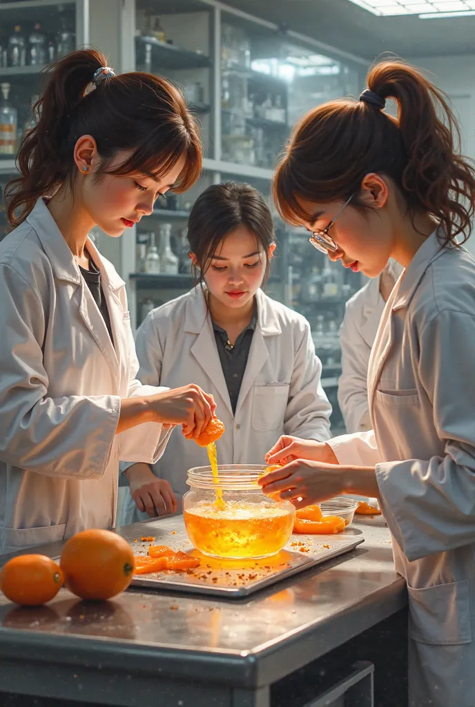 Je veux des étudiants 3n blouse preparant3la confiture de papaye sur le regard assisté de leur prof assis femme