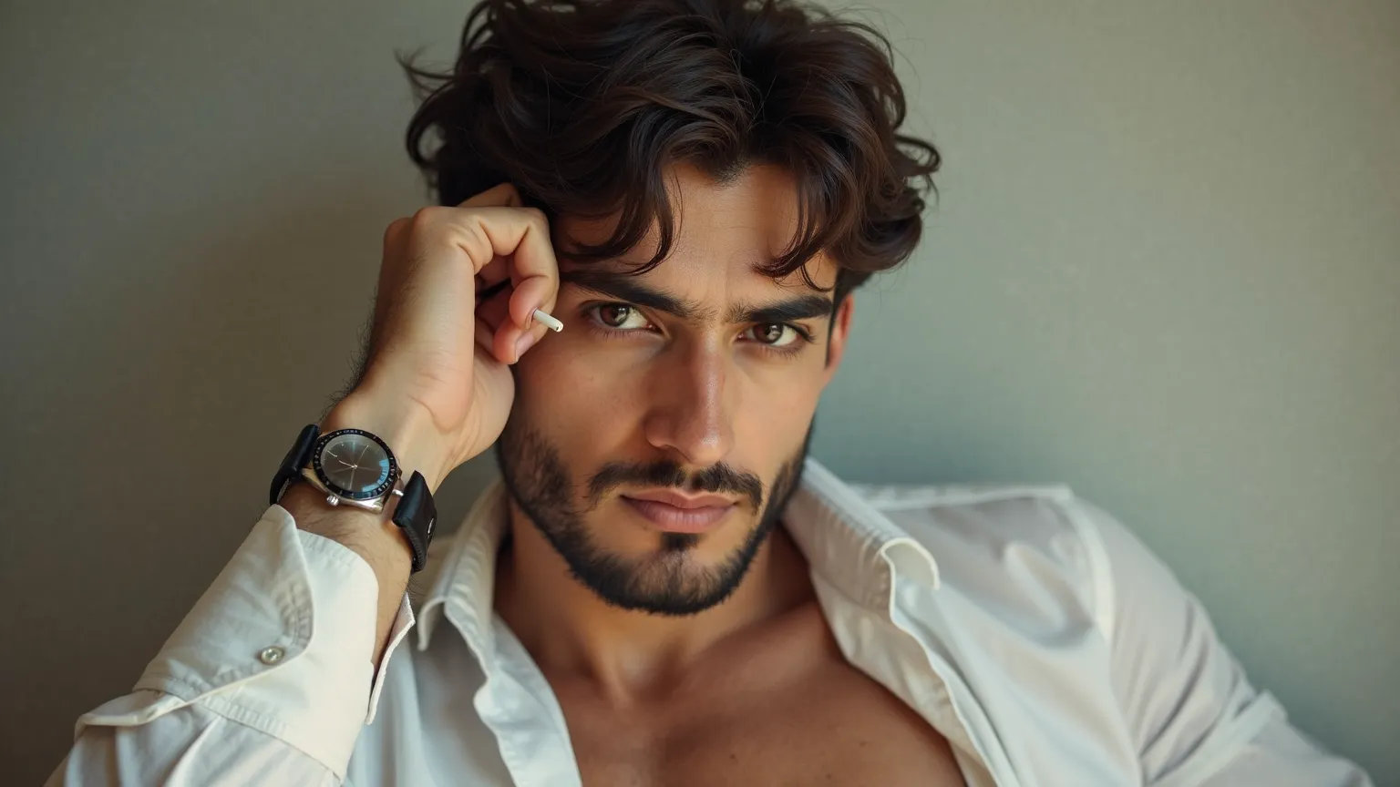 A handsome young man with wavy dark hair and a light beard. He is wearing a white shirt with the top buttons undone, revealing a hint of his chest. A stylish wristwatch is on his wrist. He holds a cigarette in one hand while resting his head against it, ga...