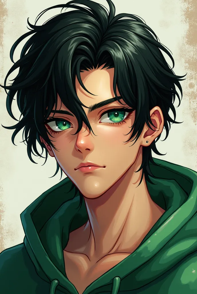 Male manga, black hair, very long hair, medium hair, emerald green eyes, wearing a green hoodie. 