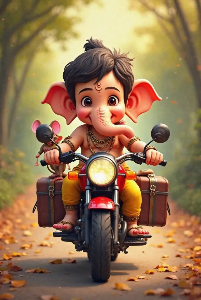 A young, light-skinned Hindu deity, Ganesha, depicted in a vibrant, cartoonish style. He is seated on a motorcycle, with a small mouse sitting on the passenger side, holding onto luggage. Ganesha has large, expressive eyes, a prominent trunk, and a cheerfu...