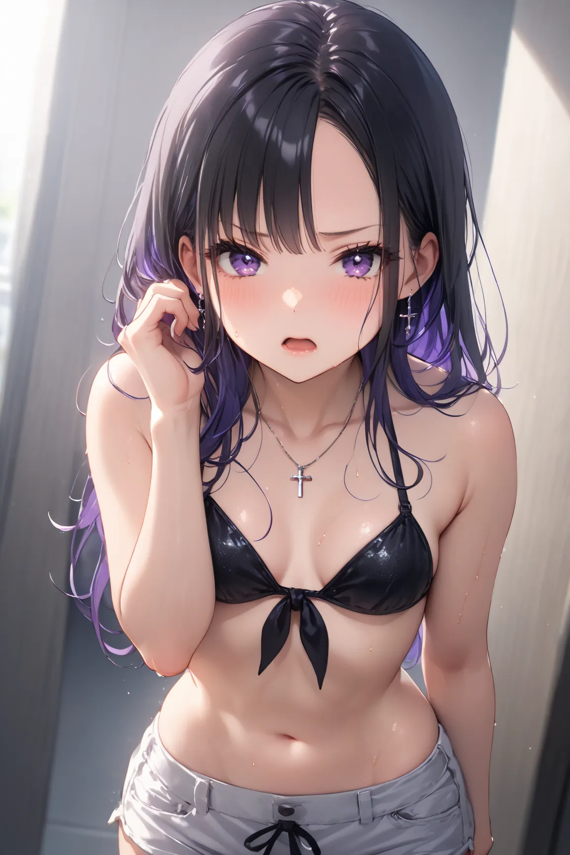 eundef, purple eyes, long hair, asymmetrical bangs, black hair, colored inner hair, purple hair, small breasts, 

earrings, necklace, black bikini, front-tie top, midriff, side-tie bikini bottom, grey shorts,  

shiny skin, shiny, 

one girl,  Compatible w...