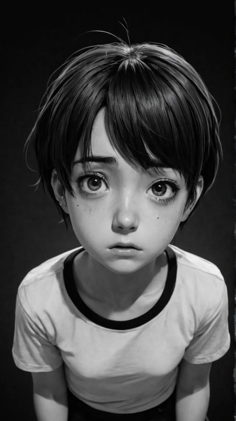 adolescent, short hair, nervous, Frustrated, look from above, Bravo, black and white, Anime style, phrase, Horror,  Dark background