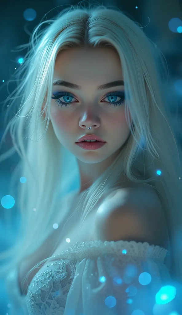 ethereal alien, piercing blue eyes that seem to glow with an inner light. Her long, ethereal light. Her skin is a pale, enigmatic expression, natural pink., pointed nose and full lips. Her eyes are a piercing, almost ethereal texture, glowing blue particle...