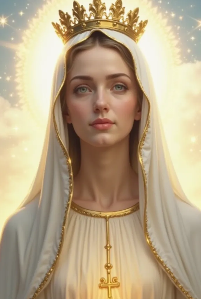 A hyper-realistic depiction of Our Lady of Fátima, with her head held high and gazing straight ahead with a serene and compassionate expression. Her deep, gentle eyes radiate wisdom, love, and divine peace. Her smooth, radiant skin glows softly with a heav...