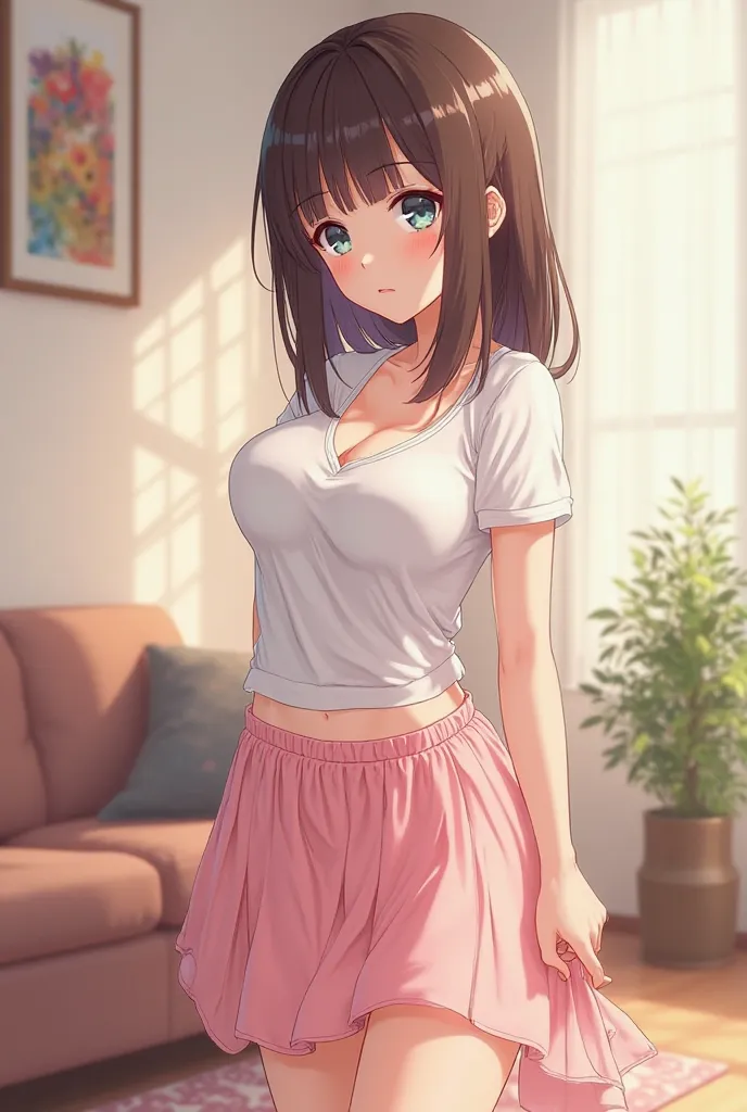 Give me a picture of a  girl with good sized breast in a white tshirt and a pink skirt. She Looks at me wanting to give me a pink diaper. Drake it more in a Anime Style and let her be in a living Room 