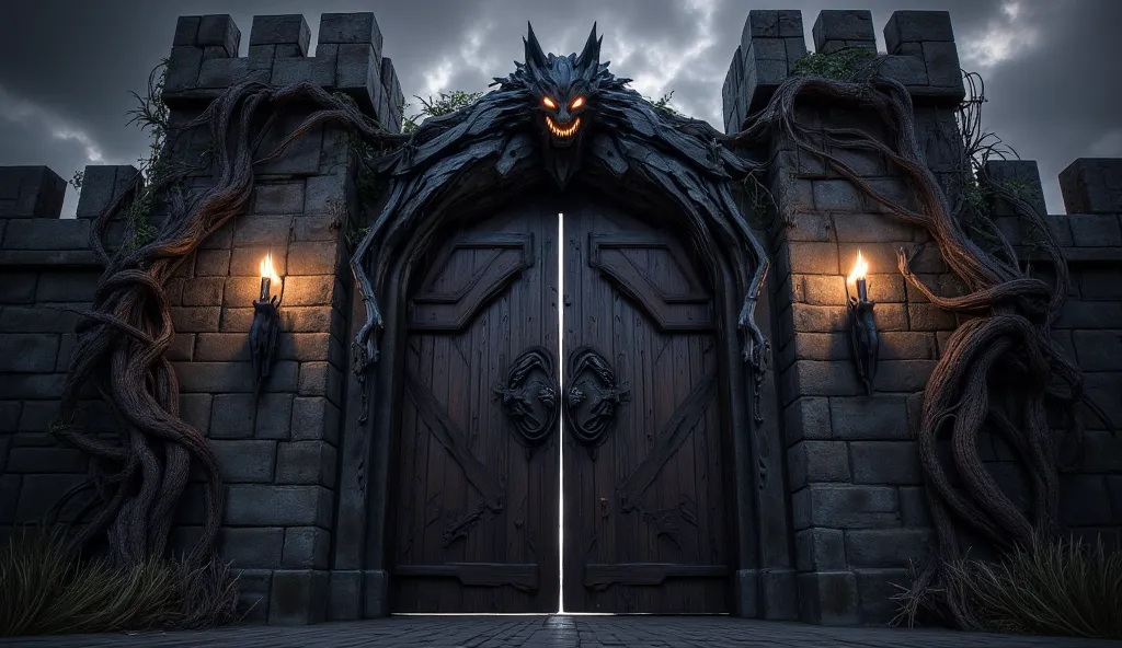 A dark and ominous medieval castle gate, made of massive wooden doors reinforced with iron. A demonic wolf-like creature with glowing orange eyes and sharp fangs serves as a menacing door knocker. Above the gate, another wolf head sculpture glares down. Th...