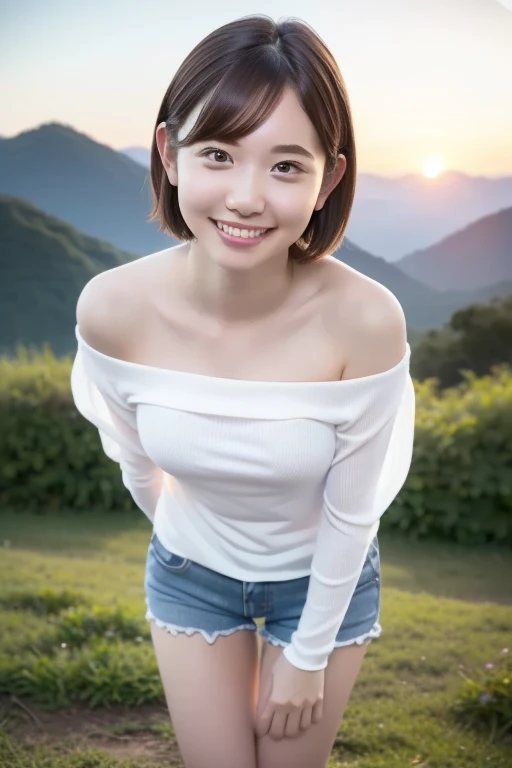 top quality, masterpiece,  ultra high definition , (realistic:1.3), RAW photo, (Nature landscape photography), (majestic mountain々The top of, Sea of clouds ), (とても大きな山The top of), (sunset), (one girl), (upper body), (20 years old), (smile:0.9), ( Shiny Ski...