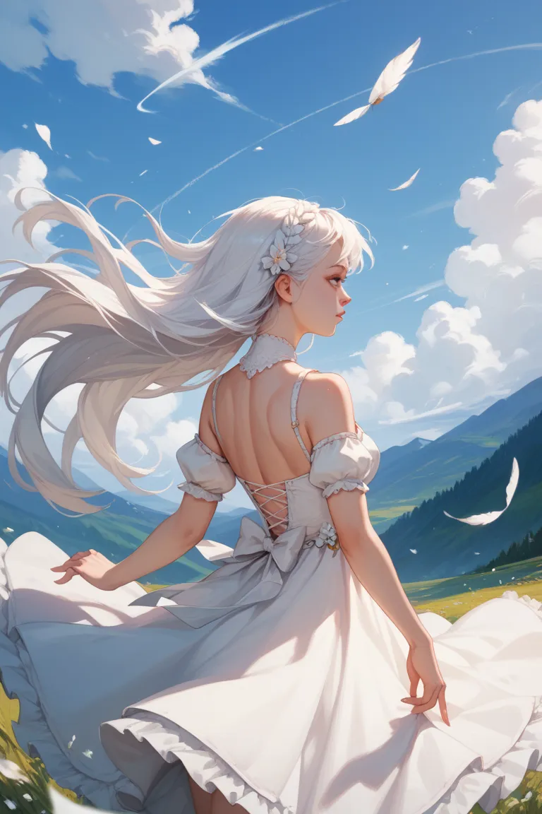  An anime girl, long and white hair. The back of her hair is tied with a large bow. A long white dress. The wind is blowing and the background is under the moonlight 