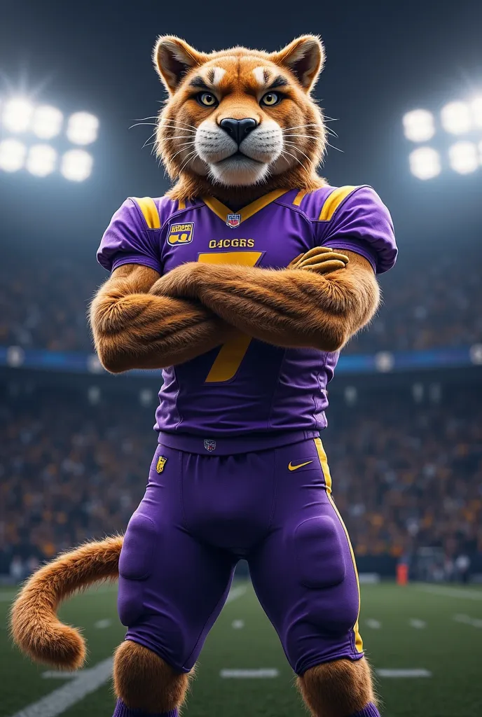 A football team mascot puma with a fierce expression and a confident stance. He wears a sports uniform in vibrant purple with yellow details. The puma stands tall with arms crossed, exuding power and determination. His fur is highly detailed with realistic...