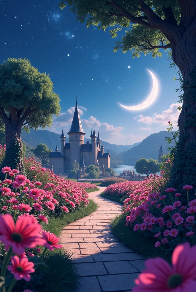 The flowery path to the dark sky village There is a moon and many bright stars and flying leaves 