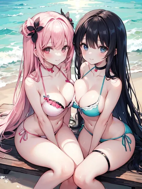  Best picture quality，Soft Sunlight，Two lovely and beautiful twin sisters，Sweet smile，Sit side by side on the beach，long black hair，are wearing pink and white bikinis，Thin eyelashes 。My sister has huge breasts，and asymmetrical；Little sister has small breas...