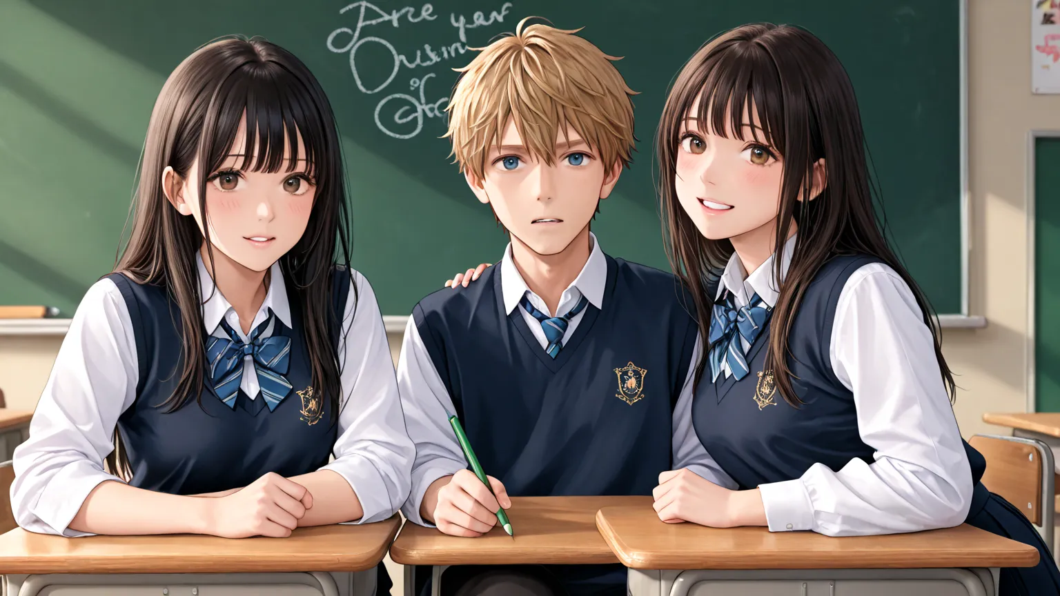 An 18-year-old high school boy and girl are talking in the classroom、Blackboards and classroom desks are drawn、They are both wearing uniforms、Women are in skirts、the focus is on and details are also drawn