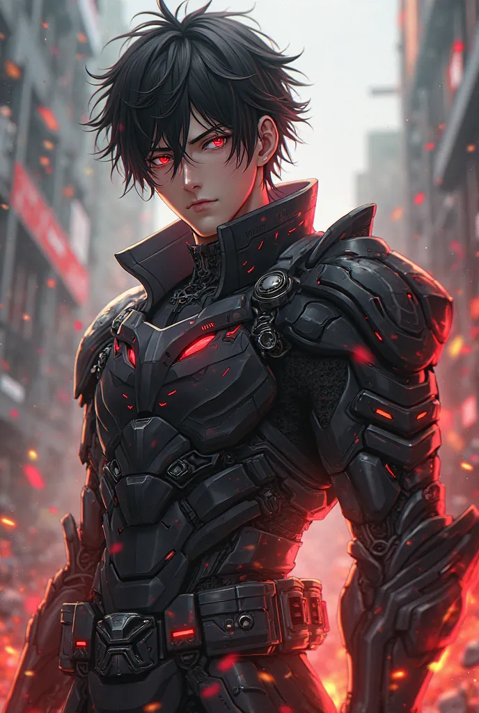 A handsome man with dark hair and red eyes with a wound on one eye in a combat suit that looks like an anime