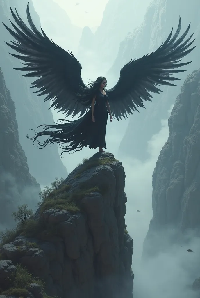 Add black wings to her and stand on a tall rock and beautiful black hair