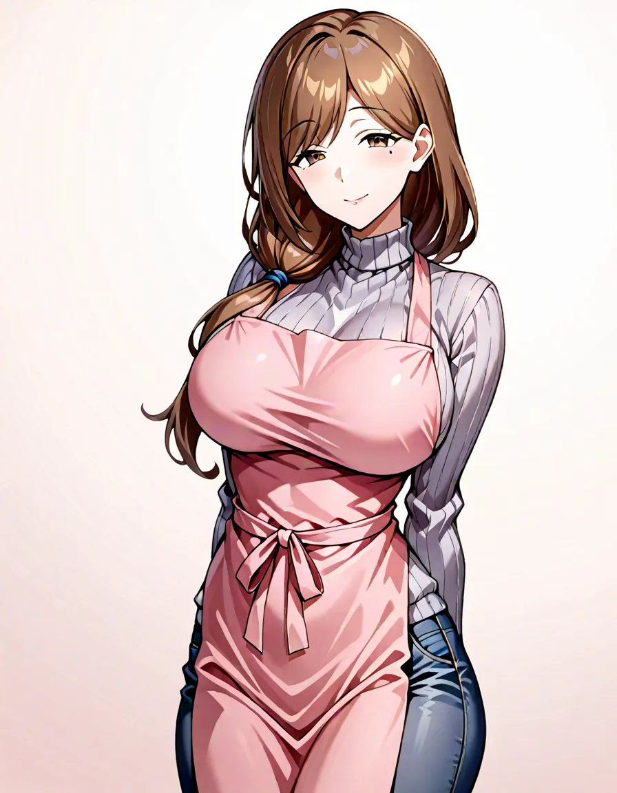  (((nffsw,nffsw))),Anime Girl,(masterpiece,best quality:1.2),Zemi Mama (Shinken Zemi),1 girl,mature,brown hair,long hair tied low,brown eyes,mole under eye,(big boobs:0.3),high resolution,natural light,(solo),very slim and sexy waist,narrow shoulders,shiny...