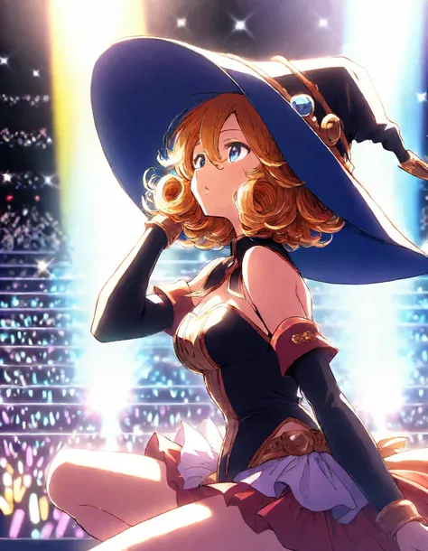 MAGICAN GIRL 、A complex torrent of light with many colors、ピンク色の髪、Curly hair、stage costume、witch hat